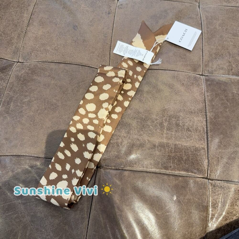 NWT Coach Wild Spots Print Silk Skinny Scarf CEH57 Tan